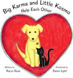 A yellow dog together with a black cat in front of a big red heart