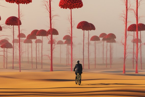 Man in suite and helmet riding a bike toward a surrealist forest of tall red trees with mushroom cap-like tops in the desert.