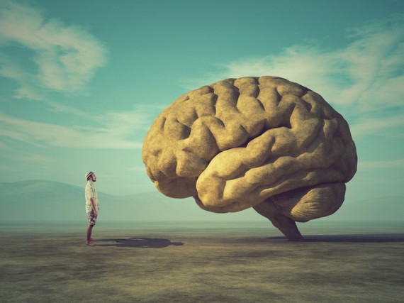 Man looking at a gigantic brain in front of him in the desert